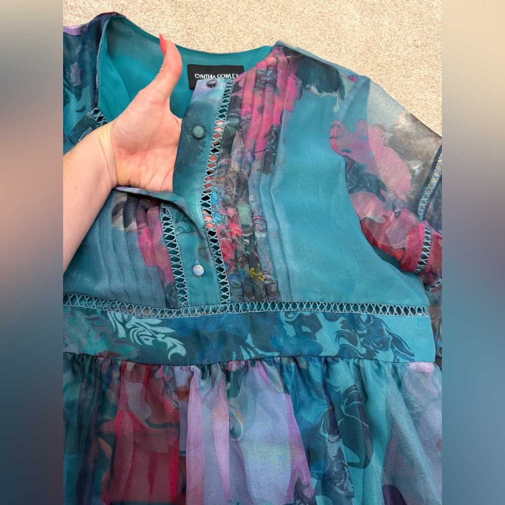 Cynthia Rowley Teal Watercolor Organza Mini Dress - size Small - PRISTINE - Picture 13 of 15